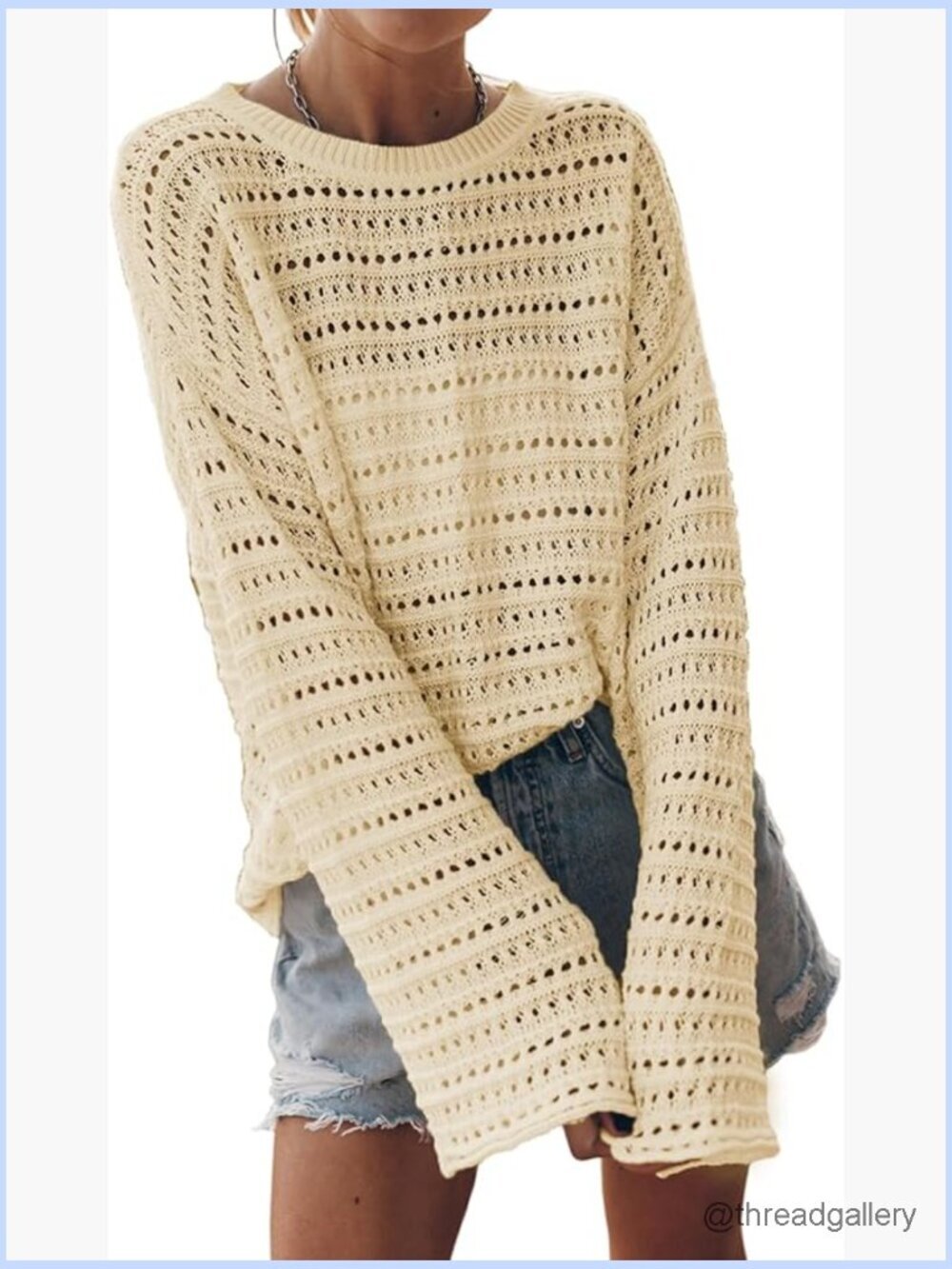 Lightweight Crochet Hollow Out Knit Pullover Top Long Sleeve Loose Sweater